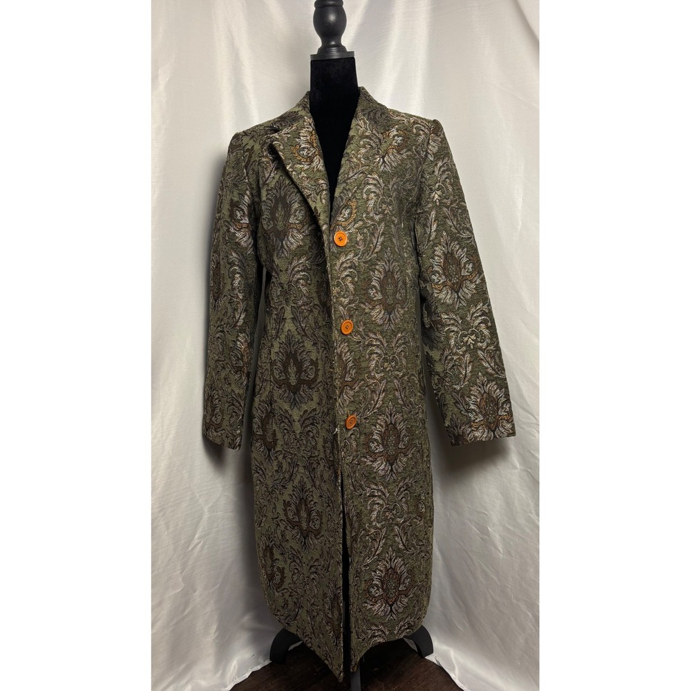 Newport News Tapestry Coat Women 12 Green Gold Metallic Brocade Vintage VG